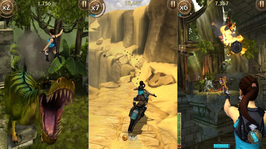 Lara Croft in action during her thrilling journey to recover ancient relics in Lara Croft: Relic Run